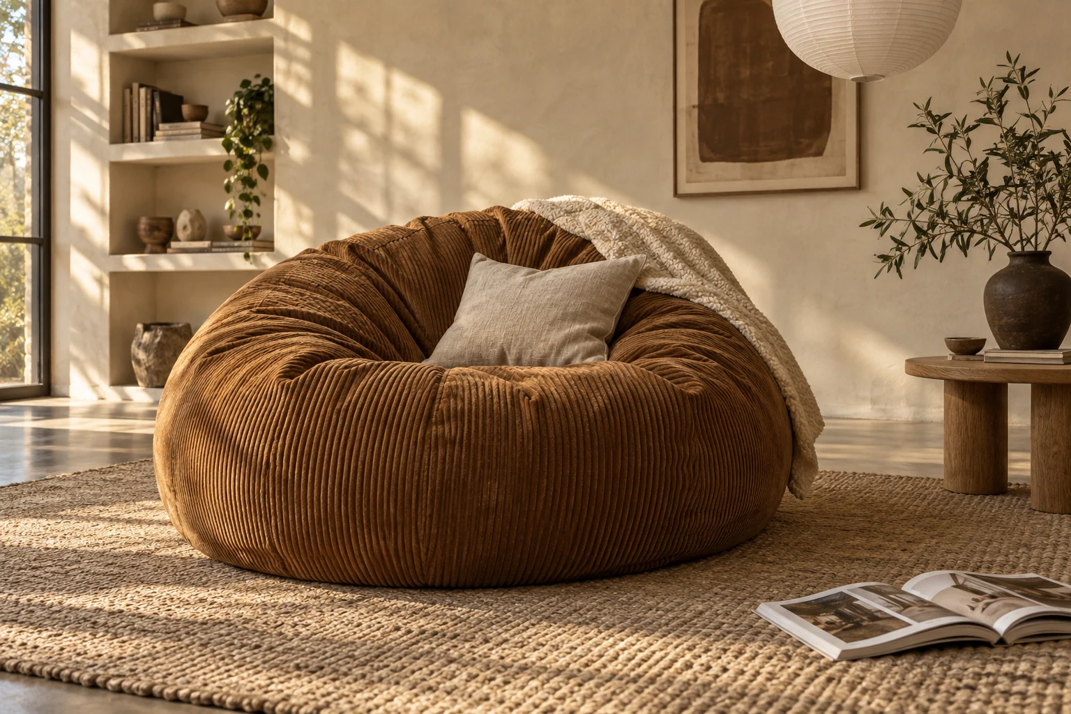An inviting beanbag reading corner in a sunlit living room