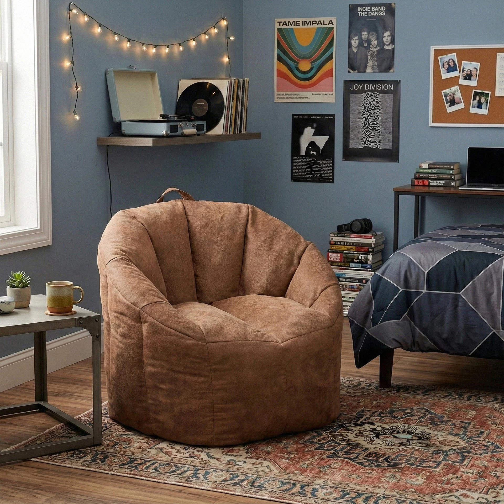 Big Joe Milano chair in chestnut fabric beside a bookshelf